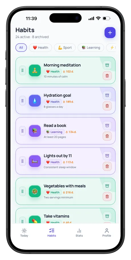 Streavio interface: habits list