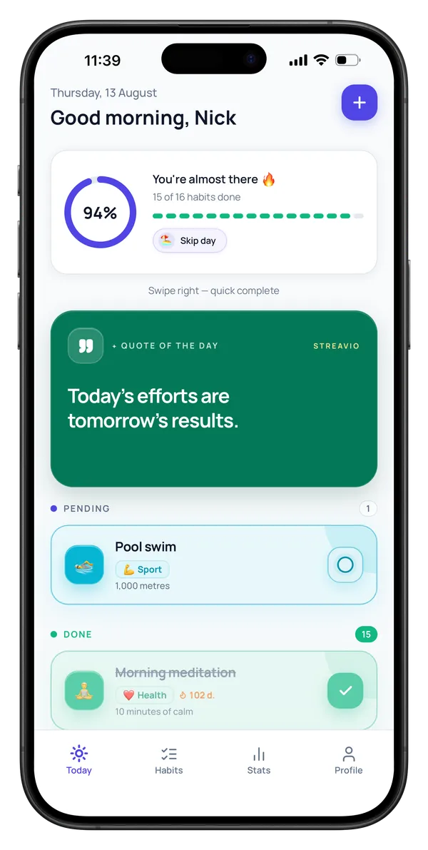 Streavio interface: Today screen with daily habit list