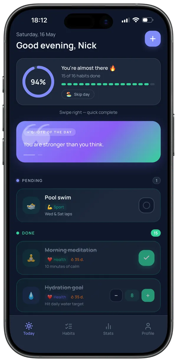Streavio interface: Today screen with daily habit list